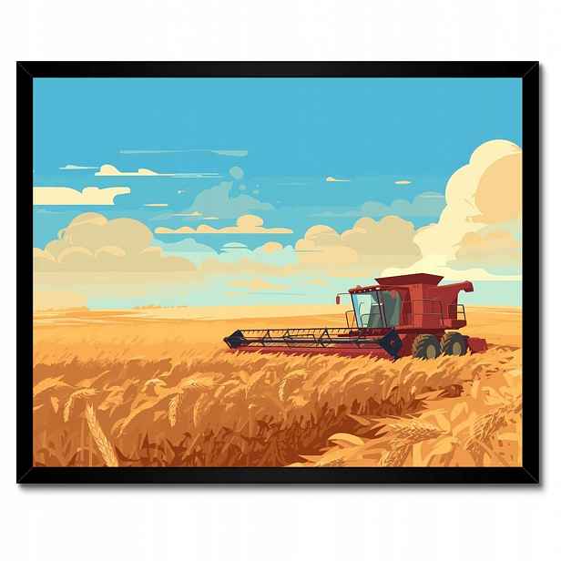 Plakáty v rámu 50x40 Červený kombajn v poli na sklizni