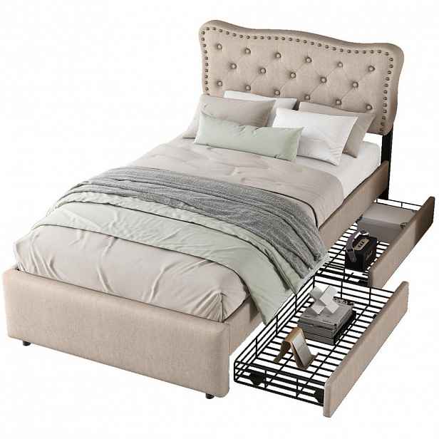 OKWISH ČALOUNĚNÁ postel 90/200 cm tmavě béžová z MDF se 2 zásuvkami a nastavitelným čelem