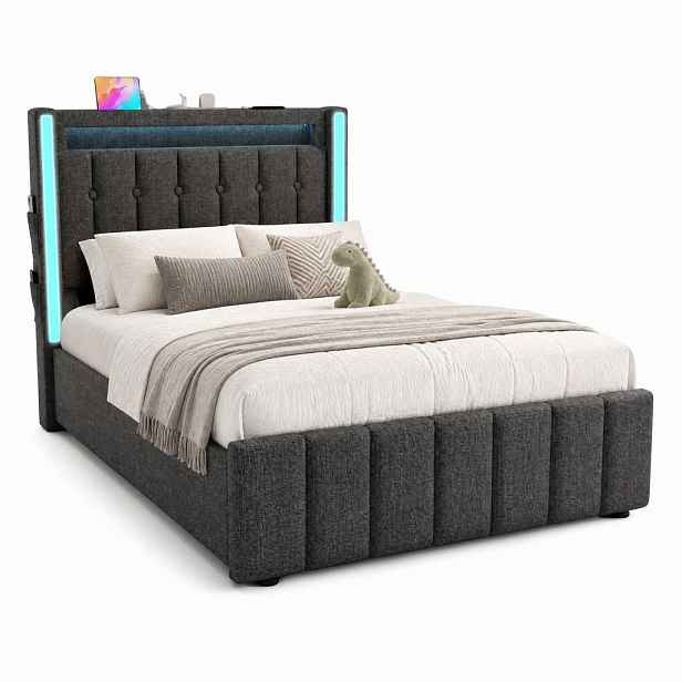CHICFURN ČALOUNĚNÁ POSTEL 90/200 cm v šedé barvě se zásuvkami, LED a USB-C