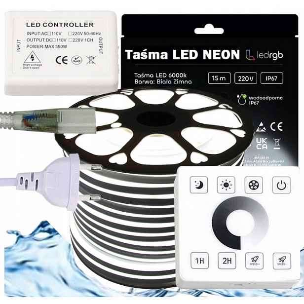 Set Led pásek Neon 230V 15 m 6000K Bílý Studený Napájecí Zdroj Ovladač Dálkový Ovladač