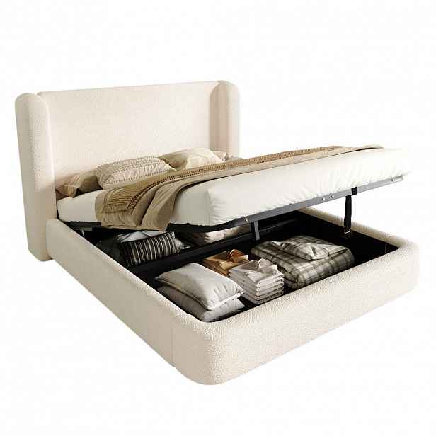 CHICFURN ČALOUNĚNÁ POSTEL 180/200 cm v béžové barvě z bouclé s úložným prostorem