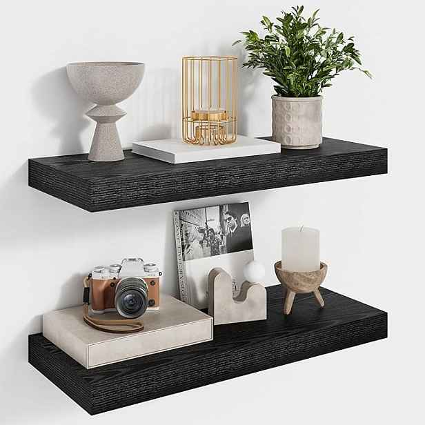 2x Závěsná nástěnná police 40 cm Černá Loft Dřevo Moderní