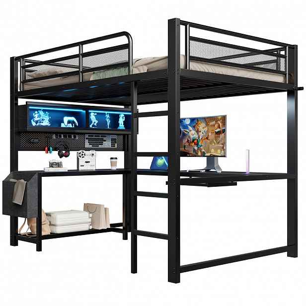 CHICFURN VYVÝŠENÁ POSTEL 140/200 cm v černé barvě s psacím stolem, LED a USB