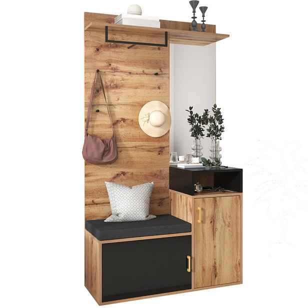 OKWISH PŘEDSÍŇOVÁ stěna 105/40/191,5 cm černá v dekoru dřeva z MDF a dřevotřísky se zrcadlem a botníkem