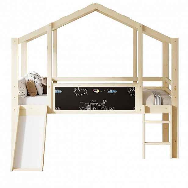 OKWISH PATROVÁ postel 90/200 cm, design podkrovní postele se skluzavkou a tabulí z masivního dřeva