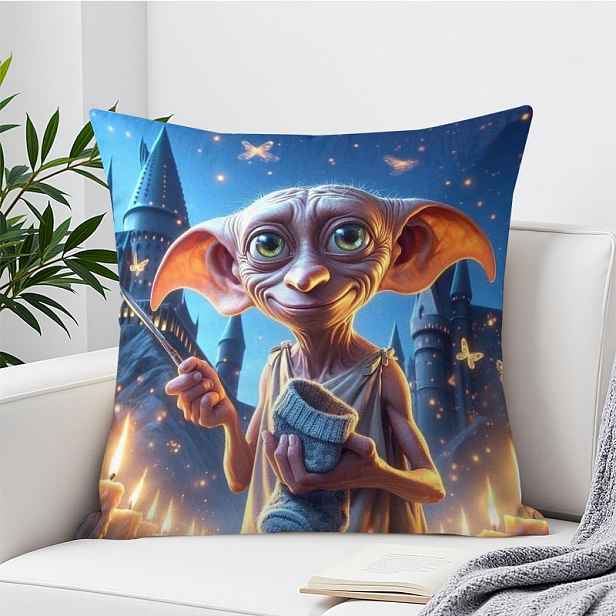 TEMU Plyšová povlak na polštář s potiskem Dobbyho, trénovaného domácího , nočního pohledu na Hogwarts, z měkkého krátkého plyšu z mikrovlákna,
