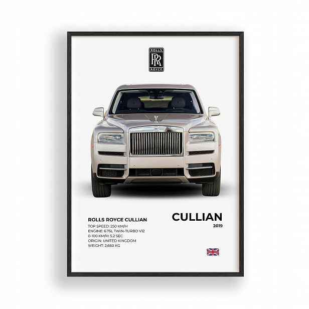 Obraz Auto Rolls-Royce Cullinan Plakát Rámeček Dřevěný Černý 30x42 cm