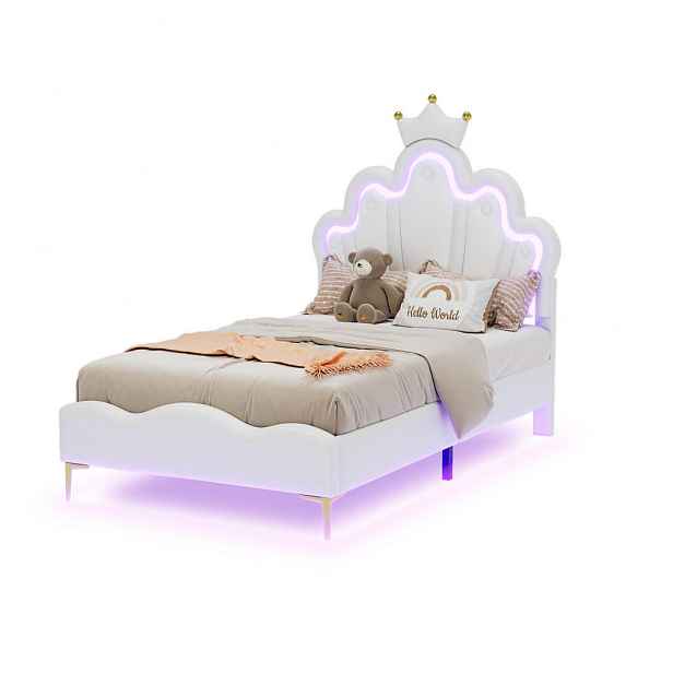 Modenvie DĚTSKÁ postýlka z PU kůže, 90/200 cm bílá, s LED osvětlením a korunkovým čelem