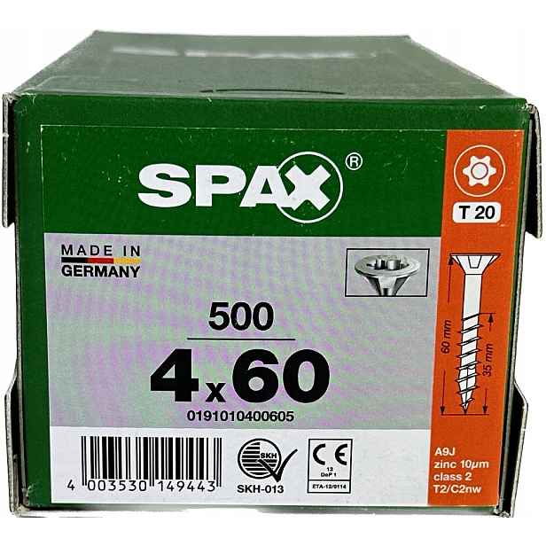 Univerzální vruty do dřeva 4 x 60 mm Spax Wirox Bit T-20 kužel 500 ks