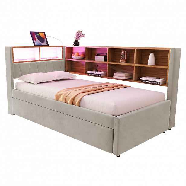 CHICFURN ROZKLÁDACÍ POHOVKA 90/200 cm & 90/190 cm ve světle šedé barvě s výsuvným lůžkem, LED, USB a policemi