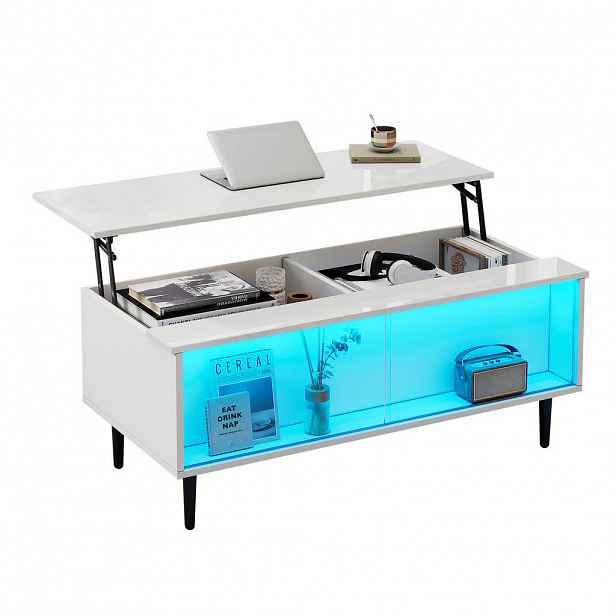 OKWISH KONFERENČNÍ stolek 105/50/43 cm bílý z dřevotřísky a tvrzeného skla s LED a výklopnou deskou