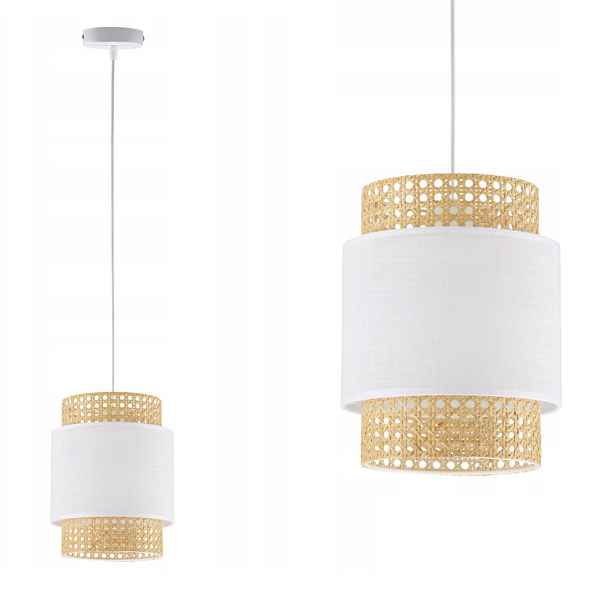 Tk Lighting Závěsná lampa Boho White stínidlo tuba ratan tkanina Ø20 cm bílá