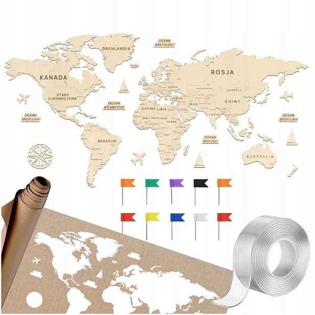 Dřevěná mapa světa Mapa světa pro děti 180 cm Mapa světa na zeď