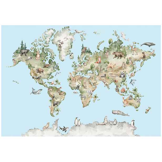 Fototapeta Pro Děti Mapa Světa Modrá Tapeta Dětského Pokoje 254x184