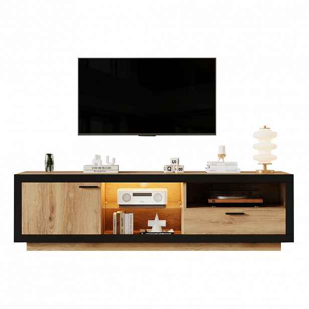 OKWISH TV stolek 160/40/50 cm černá/dub z dřevotřísky s tvrzeným sklem a LED osvětlením
