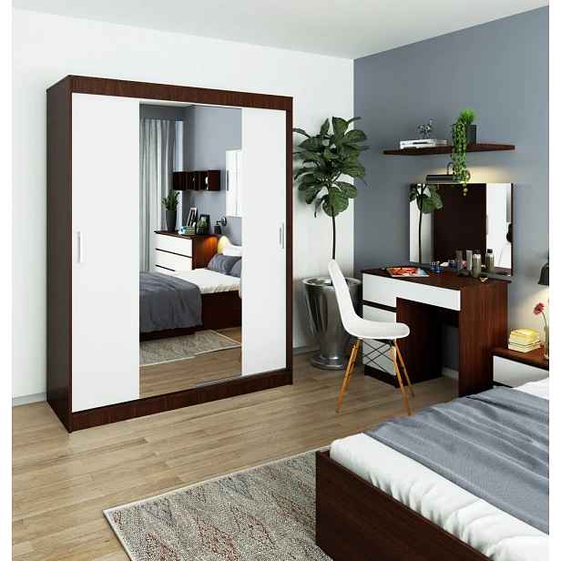 Prostorná šatní skříň 150 cm VALESTRA se zrcadly - wenge / bílá