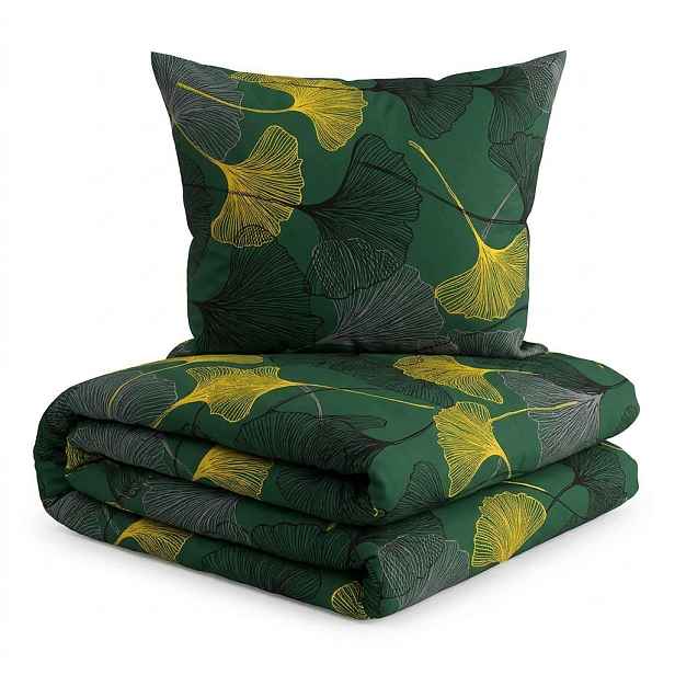 Povlečení bavlněné 180x200 zelené žluté šedé s černými listy ginkga