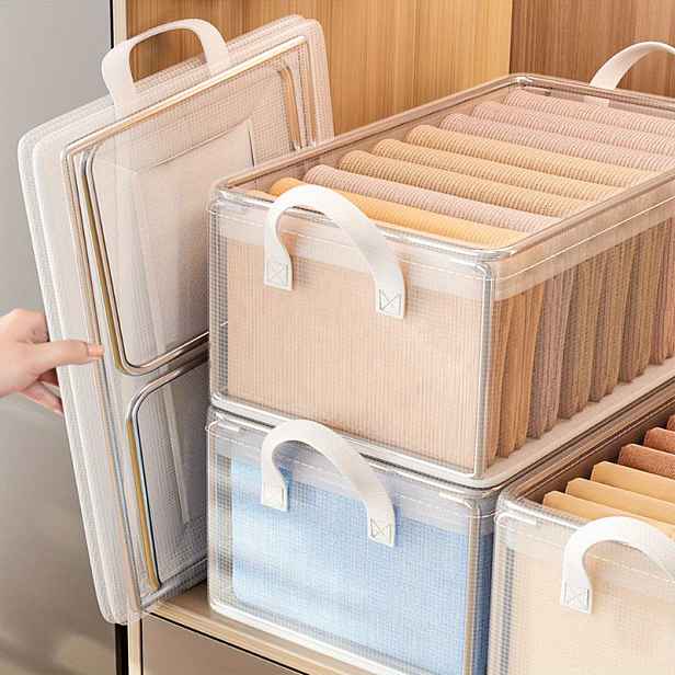 TEMU 4-balení PVC multifunkčních odolných úložných boxů, klasický plastový úložný průhledným okénkem, s ocelovým rámem pro uložení oblečení a doplňků