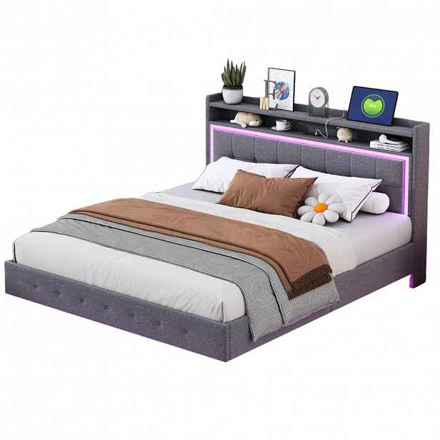 OKWISH ČALOUNĚNÁ postel 140/200 cm šedá z látky s USB zásuvkou a LED osvětlením