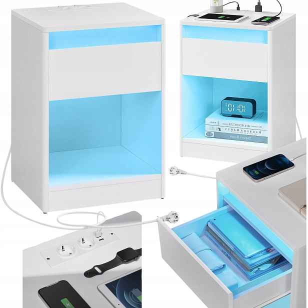 Led stolek s nabíjecí stanicí Noční Stolek se zásuvkou Stolek Bílý s Usb