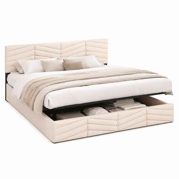 CHICFURN ČALOUNĚNÁ POSTEL 180/200 cm v béžové barvě ze sametu s úložným prostorem a nastavitelným čelem postele