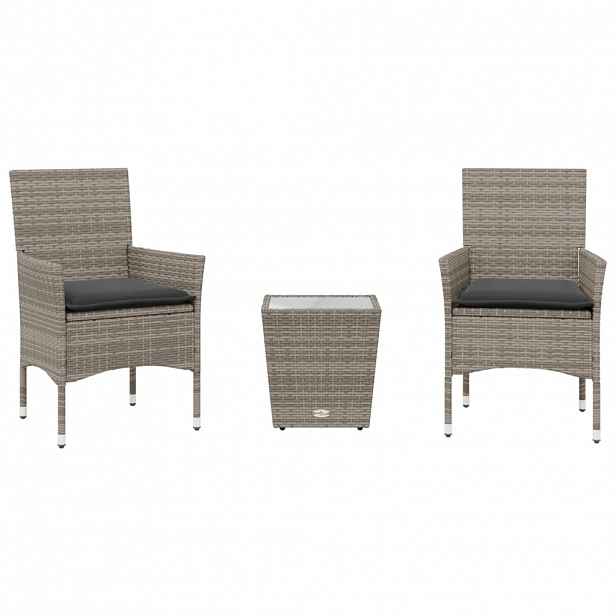 vidaXL 3dílný bistro set s poduškami šedý polyratan a sklo