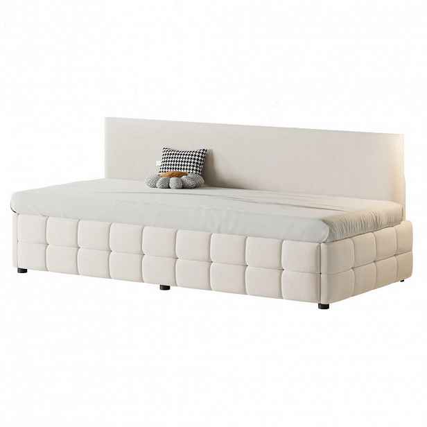OKWISH ČALOUNĚNÁ postel 90/200 cm béžová z sametu s úložným prostorem a opěrkou zad