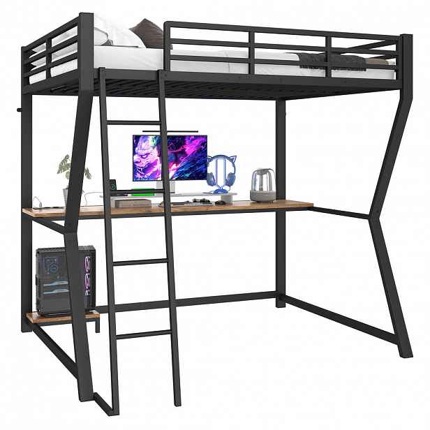 CHICFURN VYVÝŠENÁ POSTEL 140/200 cm v černé barvě s LED osvětlením, stolem a USB