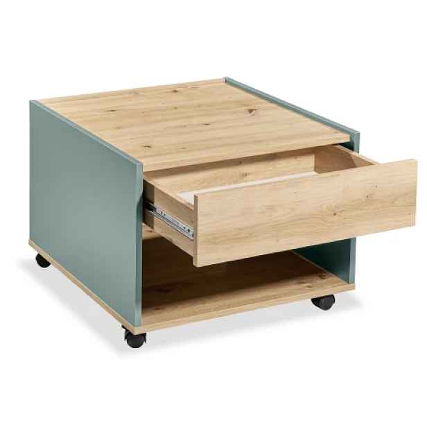 Čtvercový stolek se zásuvkou Debby, šalvějově zelený/dub artisan