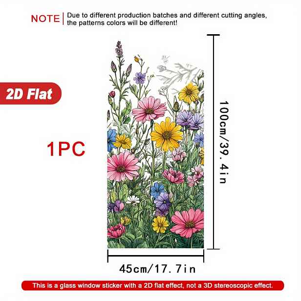 TEMU 1 Role Barevné Divoké Květiny Detailní Ilustrace Okenní Fólie, 45×100 cm, Matný PVC Materiál, Statická Dekorační Nálepka na Sklo, Nelepkavá