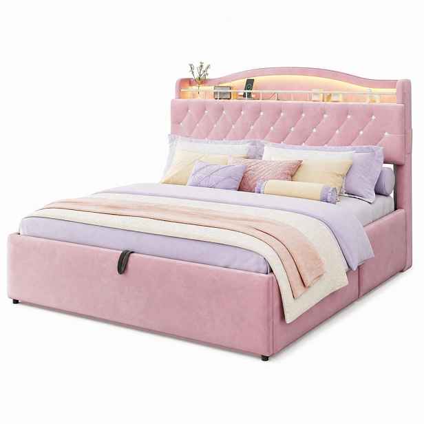 CHICFURN ČALOUNĚNÁ POSTEL 180/200 cm v růžové barvě se sametem, LED, USB a úložným prostorem
