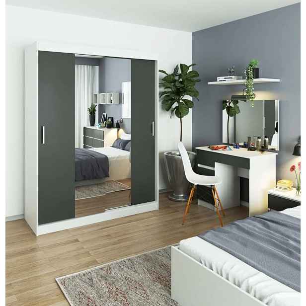 Prostorná šatní skříň 150 cm VALESTRA se zrcadly - bílá / tmavě šedá