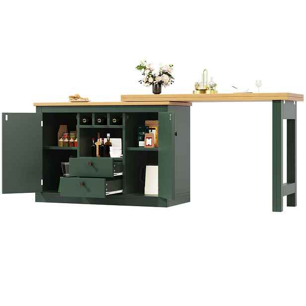 Redom BAROVÝ stůl 120-180/40/76 cm s otočnou a výsuvnou deskou, úložným prostorem a stojanem na víno, MDF, starožitná zelená