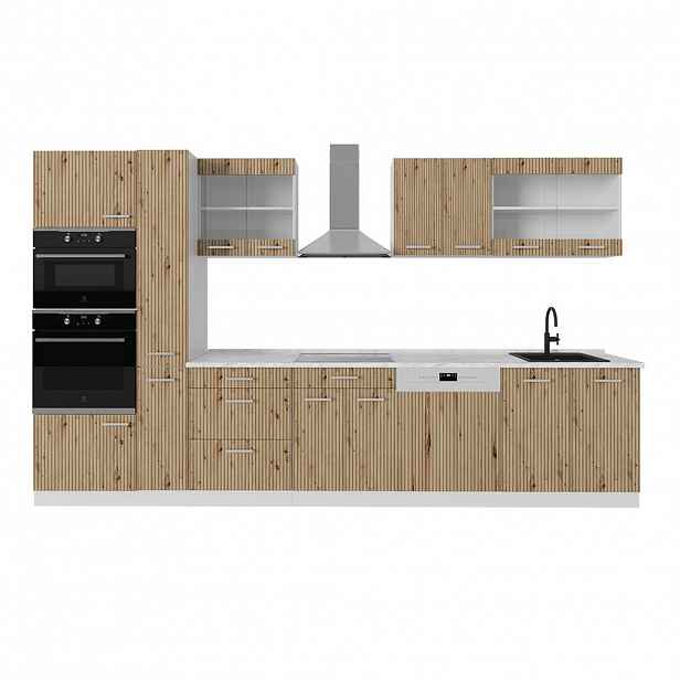 Vicco KUCHYŇSKÝ KOUT R-Line Dub řemeslný/bílý 350 cm s vysokou skříní, s pracovní deskou