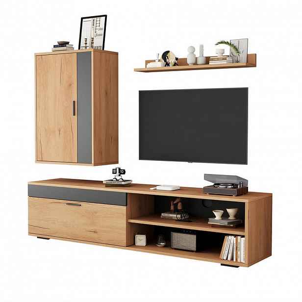 Modfu OBÝVACÍ TV sestava z dřevotřísky 140x35x39 cm dubová a černá s úložným prostorem, nástěnnou skříňkou a policí