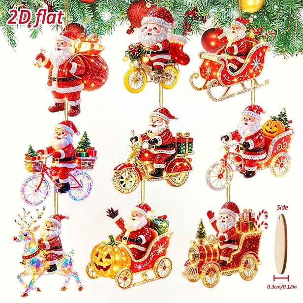 TEMU 2D Ploché, [2D Ploché] Sada 9 ks stylových dřevěných závěsných ozdob se vzorem Santa , Sada vánočních závěsných dekorací, 2D Ploché dřevěné