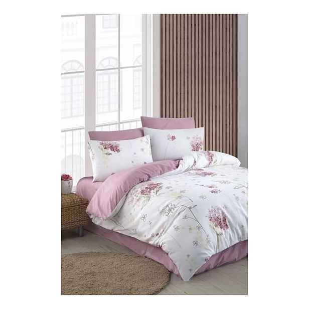 Bílo-růžové 4dílné prodloužené povlečení na dvoulůžko s prostěradlem 200x220 cm Floral – Mila Home