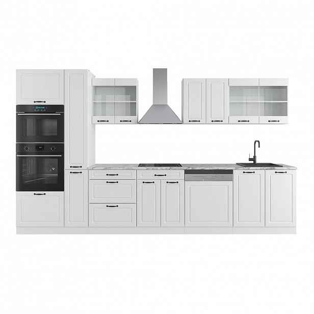 Vicco KUCHYŇSKÁ LINKA R-Line Bílý venkovský dům/bílá 350 cm s vysokou skříní, PD Mramor