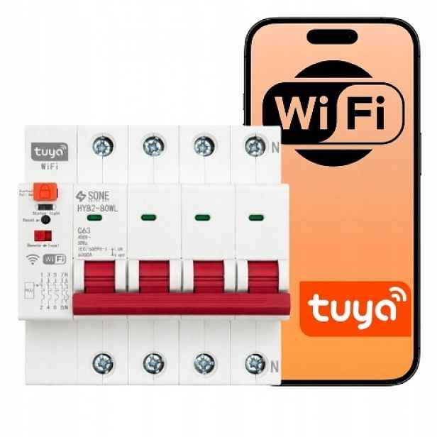 Pojistka WiFi 63A Tuya 3P+N C63 Din 400V nadproudový vypínač smart