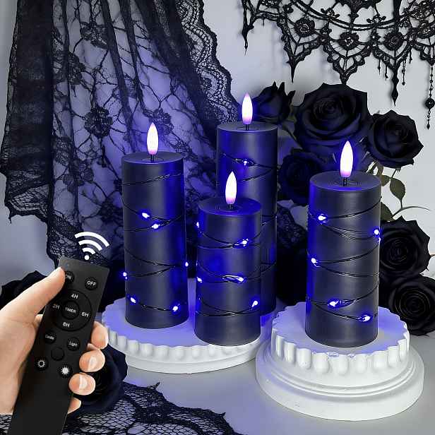 TEMU Sada 4 černých sloupkových svíček s venkovními světelnými řetězy - LED svíčky, halloweenská dekorace, s dálkovým ovládáním (baterie nejsou