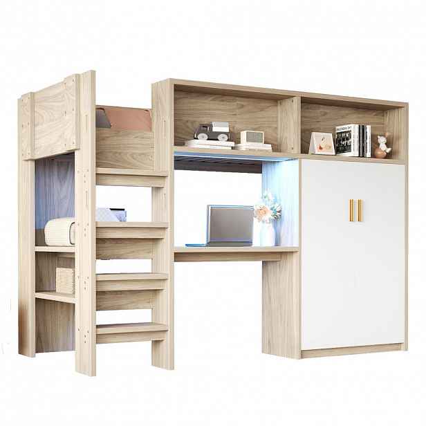 CHICFURN VYVÝŠENÁ POSTEL 90/200 cm v přírodní barvě se stolem, skříní, LED a úložným prostorem