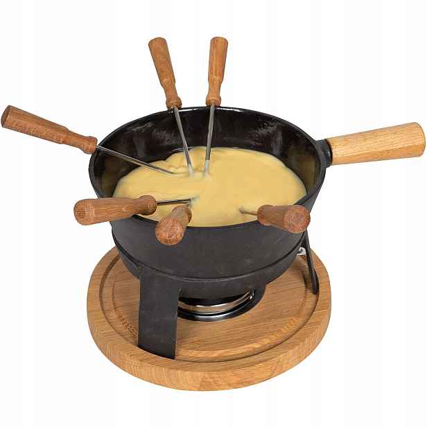 Železná litinová sada na fondue Boska Pro černá 1,8 l, indukce, s dubovým dřevem