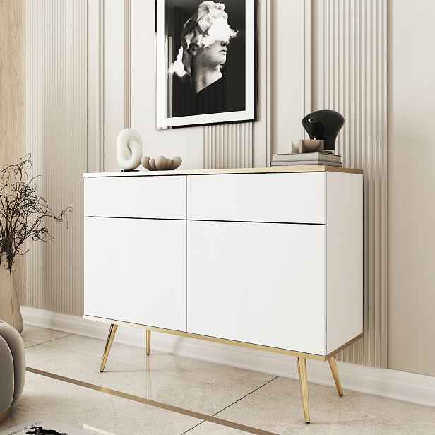 Komodee Komoda Banff KSZ107 Elegantní Bílá Zlaté Nohy Zdobení