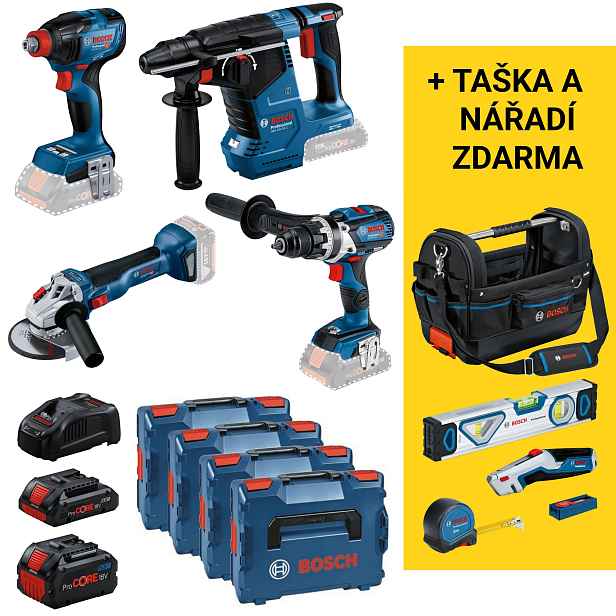 Sada AKU nářadí Bosch GSR + GDX + GWS + GBH 0.615.990.N32 18 V 2× 5,5 Ah 1× 4 Ah