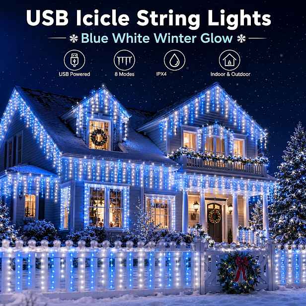 TEMU 194/104/47 LED -bílé USB LED světla ve tvaru křestního kříže pro venkovní použití, závěsná světla s efektem sněhu a vodopádu, IPX4 blikající