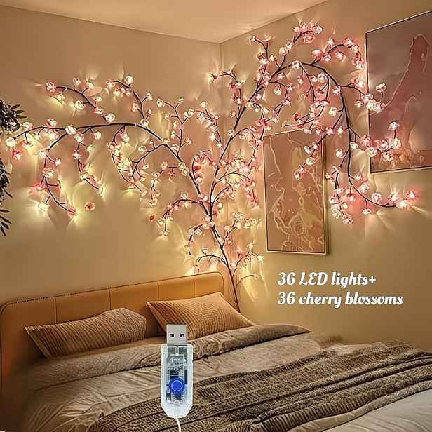 TEMU 1ks 72-světelný řetězový světelný řetěz s třešňovými květy, 36 LED + 36 třešňových květů, osvětlená světla ve tvaru větve třešňového květu,