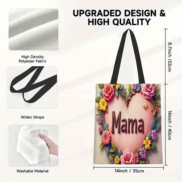 TEMU 1ks Stylová Taška TOTE s Potiskem Srdce & Písmen MAMA - Odolný Polyesterový Květinový Den , Den otců, Dárky k Promoci - Ideální na Nákupy,
