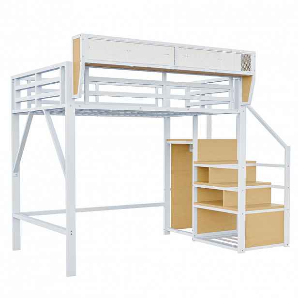 CHICFURN VYSOKÁ POSTEL 140/200 cm v bílé barvě se žebříkem a policí