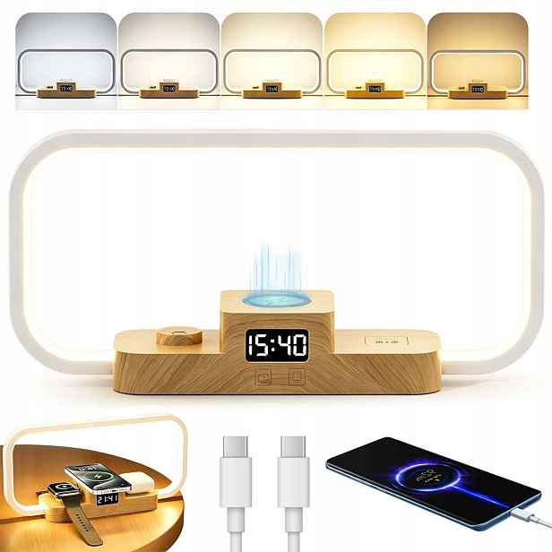 Dřevěná Stolní Lampa Multifunkční S Hodinami A Bezdrátovou Nabíječkou