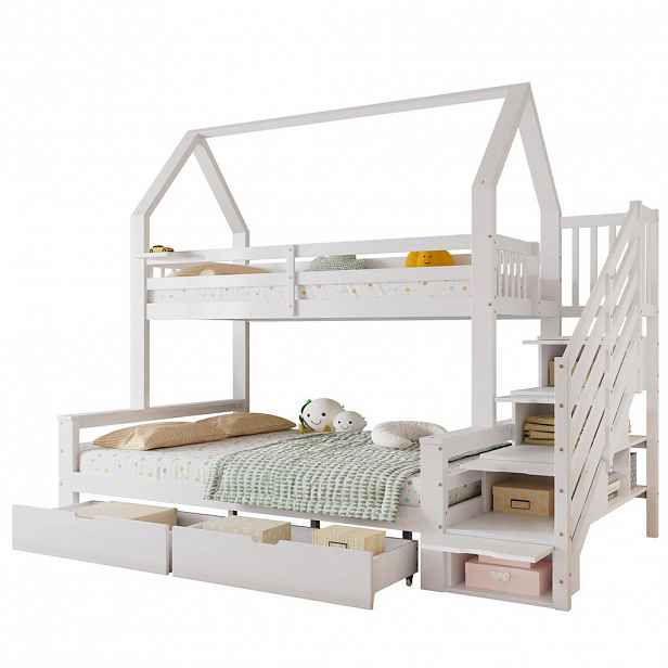 Modfu PATROVÁ dětská postel z borovice a MDF 90x200/140x200 cm bílá se schodišťovým úložným prostorem a 2 zásuvkami